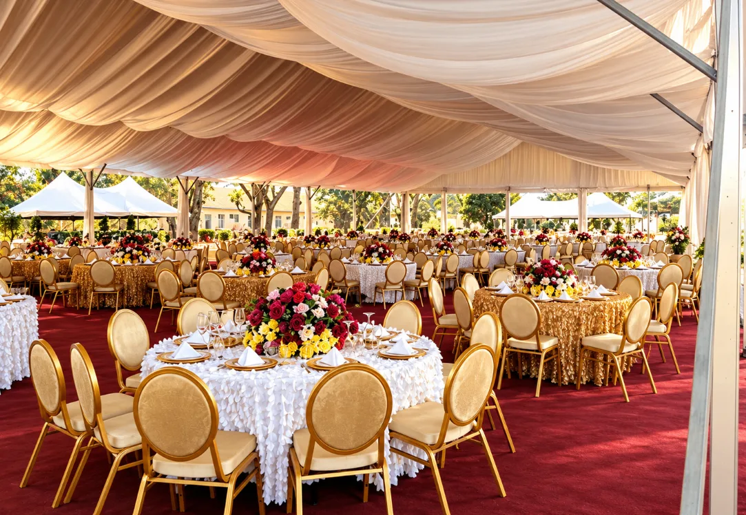 Grand tented reception with gold sequin tables, white linens, and red carpet